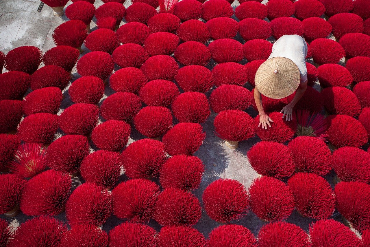 incense sticks, drying, hung yen, vietnam, traditional, culture, outdoors, worker, conical hat, red, vietnam, vietnam, vietnam, vietnam, vietnam
